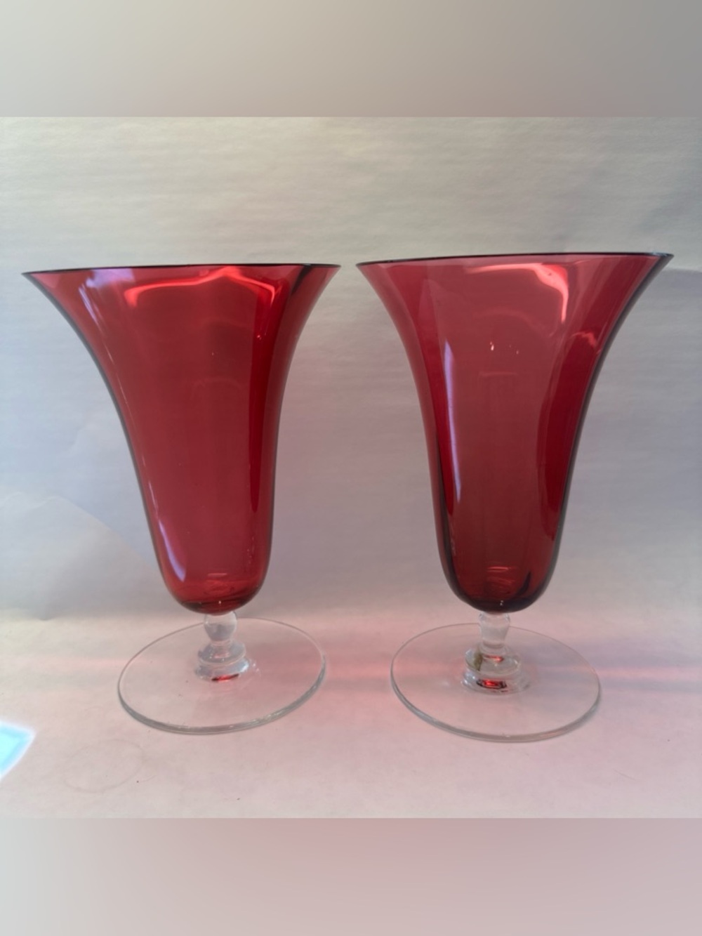 Vintage Cranberry Art Glass Goblet Wine Water Clear Stem 12 Panel Optic 6.5" MCM